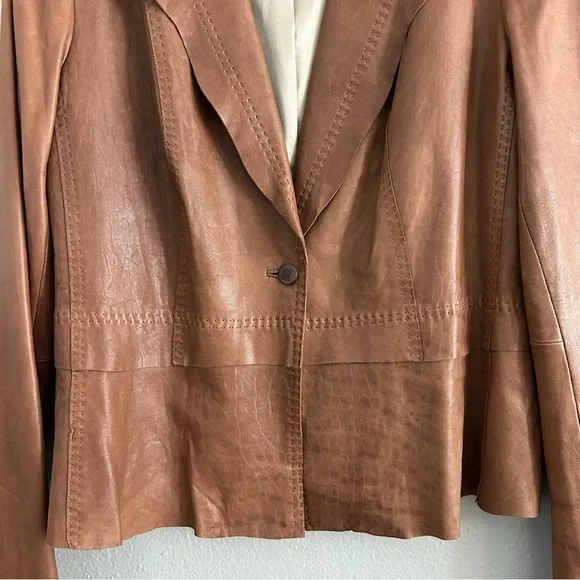 Elie Tahari Re Edition Brown Genuine Leather Blazer Size XL Jacket Soft Buttery - Picture 3 of 10